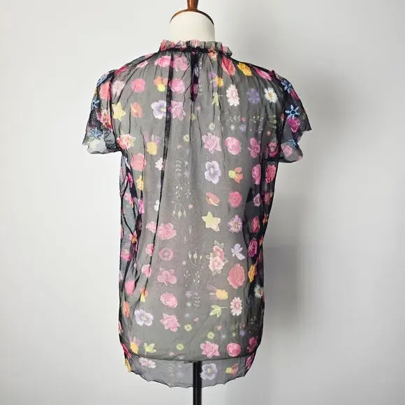 Johnny Was Floral Embroidered Black Mesh Short Sleeve Blouse Boho Whimsigoth - Picture 4 of 10